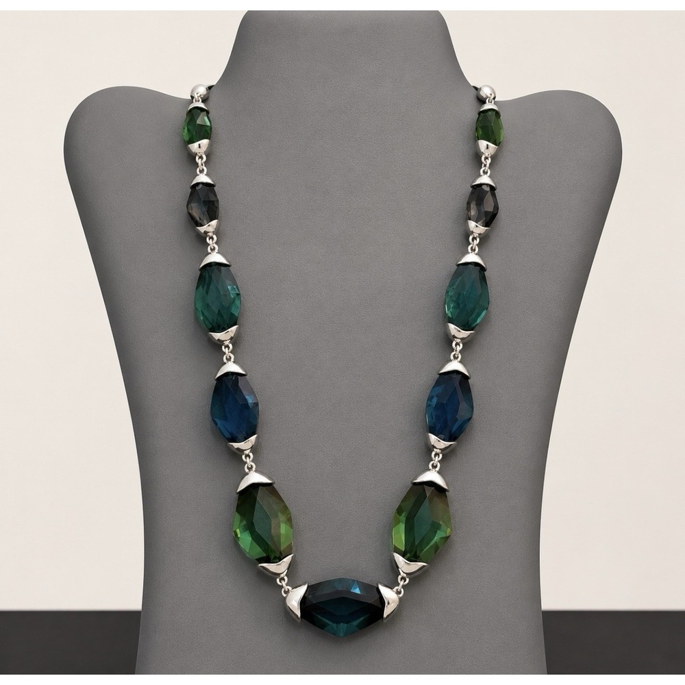 Anne Klein Silver Tone Chunky Blue Green Faceted Acrylic Bead Statement Necklace
